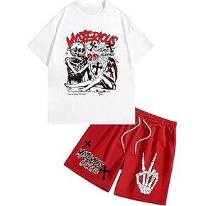 Men's 2 Piece Summer Outfits Skull Graphic Tees and Drawstring Waist Shorts Casual Tracksuit Set