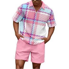 Men's 2 Piece Summer Outfits Waffle Knit Plaid Golf Shirts and Track Shorts Set Tracksuits