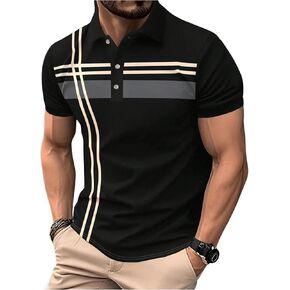 SOLY HUX Men's Casual Golf Shirts Short Sleeve Button Down Striped Collared Shirts Summer Work T-Shirt