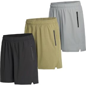 Mens Athletic Shorts 3 Pack Woven Dry Fit Gym Shorts with Zipper Pockets Drawstring for Activewear