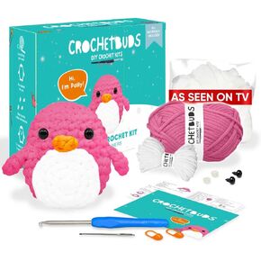 CROCHETBUDS مجموعة الكروشيه للمبتدئين | نمط البطريق | مجموعة كروشيه للبالغين والمراهقين والأطفال مع تعليمات، حزمة غزل سهلة الاستخدام وخطاف وإبر | يتضمن فيديو خطوة بخطوة وبرامج تعليمية مكتوبة