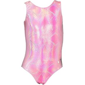 Destira Pinky Promise Gymnastics Leotard for Girls, Dazzling Pink Gradient Shine Hologram Design and Matching Scrunchie