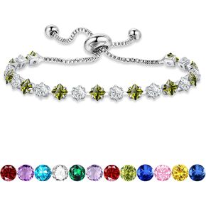 Birthstone Bracelet for Women, Silver Tennis Bracelet with Cubic Zirconia Adjustable Slider Rhinestone Bracelet Christmas Birthday Anniversary Friendship Jewelry Gift for Her Mom Wife Girlfriend
