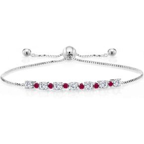 Gem Stone King 1.00 Cttw Round 3MM Lab Grown Diamond & 1.7MM Red Created Ruby 925 Sterling Silver Adjustable Tennis Bracelet for Women Up to 9 Inch