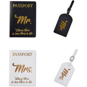 2 Sets Couples Passport Holder Set PU Leather Mr.and Mrs.Luggage Tags Black and White Passport Covers and Luggage Tags Travel Accessories for Storing Passport Boarding Passes Credit Cards