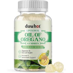 Liposomal Oregano Oil Gummies, Organic Chewable Oil of Oregano with Black Seed Oil for Kids & Adults, Immune System & Gut Health, Natural Pineapple Flavor, 60 Count