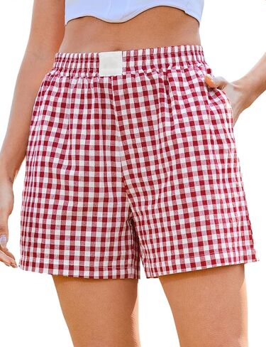 شورت Marvmys Womens Boxer Cotton Plaid Gingham Shorts Summer مرنة Pajama Buttoms مع جيوب in Kuwait