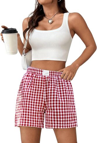 شورت Marvmys Womens Boxer Cotton Plaid Gingham Shorts Summer مرنة Pajama Buttoms مع جيوب in Kuwait