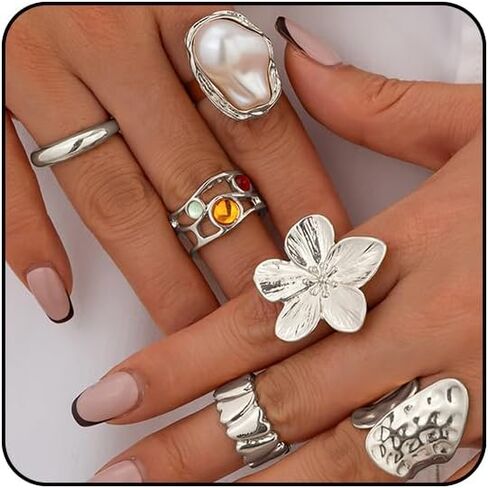 Chunky Gold Rings for Women Non Tarnish Adjustable Gemstone Pearl Flower Rings for Women Statement Silver Ring Stacking Knuckle Ring Chunky Gold Jewelry in Saudi Arabia