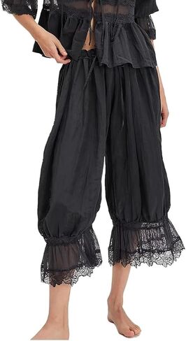 Women Y2k Lace Trim Pants Smocked Elastic Waist Long Bloomers Pant Ruffle Cropped Lounge Pajama Short Pants Slip in Saudi Arabia