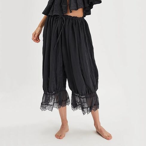 Women Y2k Lace Trim Pants Smocked Elastic Waist Long Bloomers Pant Ruffle Cropped Lounge Pajama Short Pants Slip in Saudi Arabia