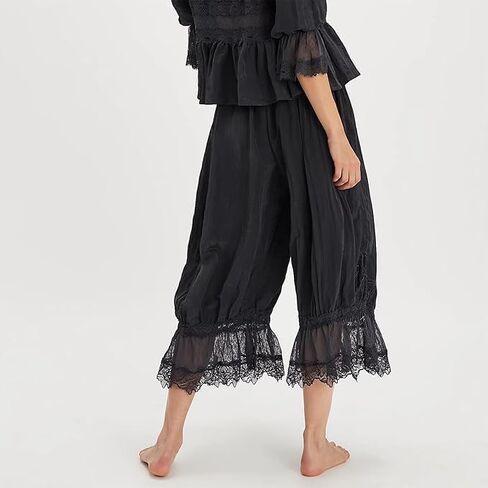 Women Y2k Lace Trim Pants Smocked Elastic Waist Long Bloomers Pant Ruffle Cropped Lounge Pajama Short Pants Slip in Saudi Arabia