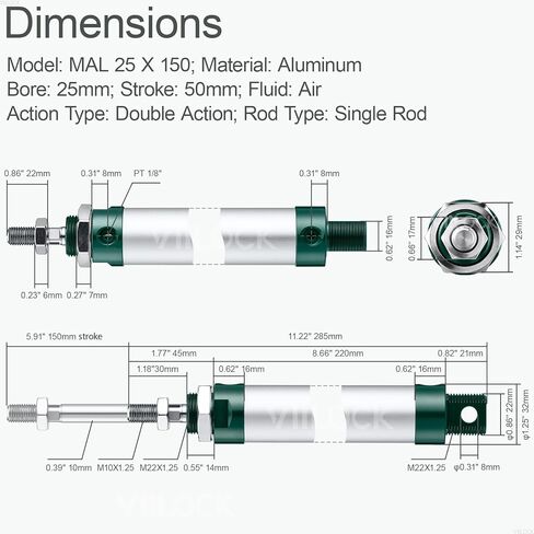 أسطوانة هواء هوائية 25 مم تتحمل 50 مم شوط، أسطوانة هواء صغيرة قضيب واحد مزدوج العمل MAL 25 X 50 in Kuwait
