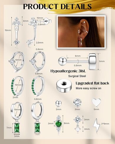 Hypoallergenic Flat Back Earrings Dainty Gold Cartilage Earring Sets for Multiple Piercing 20G Surgical Stainless Steel Earrings for Women Trendy Small Hoop Flatback Stud Earrings Stacks in Saudi Arabia