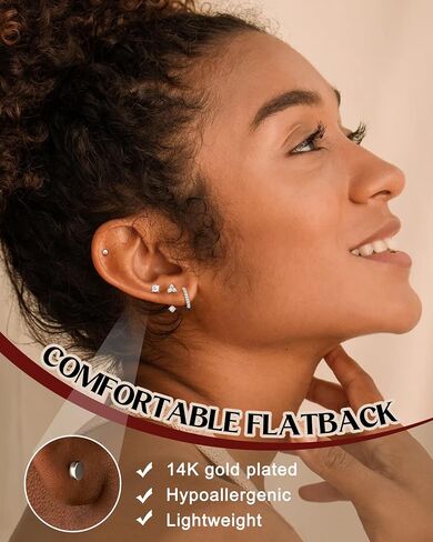 Hypoallergenic Flat Back Earrings Dainty Gold Cartilage Earring Sets for Multiple Piercing 20G Surgical Stainless Steel Earrings for Women Trendy Small Hoop Flatback Stud Earrings Stacks in Saudi Arabia