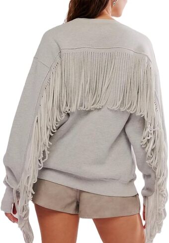 Adoeren Women Oversized Tassel Sweatshirt Fringe Trim Long Sleeve Crewneck Pullover Fall Fashion Drop Shoulder Shirt Top in Saudi Arabia