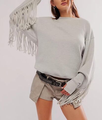 Adoeren Women Oversized Tassel Sweatshirt Fringe Trim Long Sleeve Crewneck Pullover Fall Fashion Drop Shoulder Shirt Top in Saudi Arabia