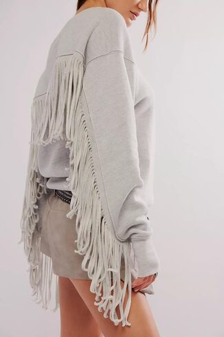 Adoeren Women Oversized Tassel Sweatshirt Fringe Trim Long Sleeve Crewneck Pullover Fall Fashion Drop Shoulder Shirt Top in Saudi Arabia