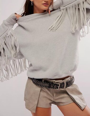 Adoeren Women Oversized Tassel Sweatshirt Fringe Trim Long Sleeve Crewneck Pullover Fall Fashion Drop Shoulder Shirt Top in Saudi Arabia