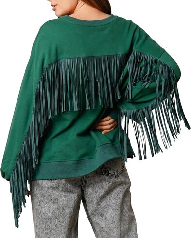 Adoeren Women Oversized Tassel Sweatshirt Fringe Trim Long Sleeve Crewneck Pullover Fall Fashion Drop Shoulder Shirt Top in Saudi Arabia