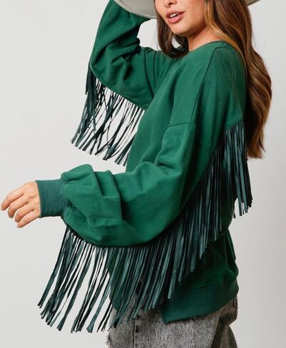 Adoeren Women Oversized Tassel Sweatshirt Fringe Trim Long Sleeve Crewneck Pullover Fall Fashion Drop Shoulder Shirt Top in Saudi Arabia