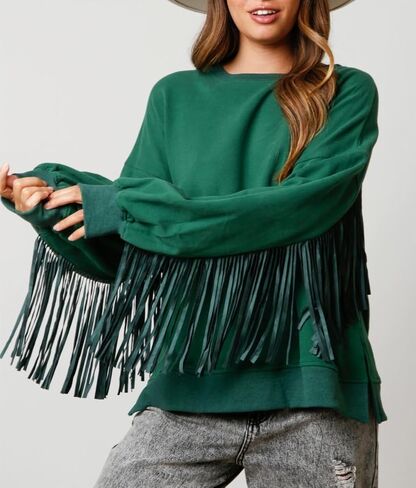 Adoeren Women Oversized Tassel Sweatshirt Fringe Trim Long Sleeve Crewneck Pullover Fall Fashion Drop Shoulder Shirt Top in Saudi Arabia