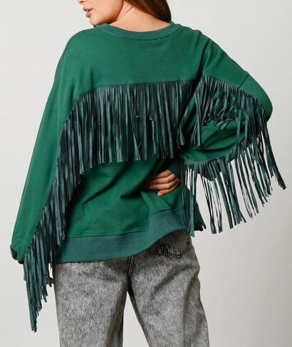 Adoeren Women Oversized Tassel Sweatshirt Fringe Trim Long Sleeve Crewneck Pullover Fall Fashion Drop Shoulder Shirt Top in Saudi Arabia