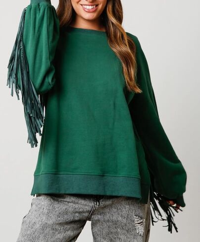 Adoeren Women Oversized Tassel Sweatshirt Fringe Trim Long Sleeve Crewneck Pullover Fall Fashion Drop Shoulder Shirt Top in Saudi Arabia