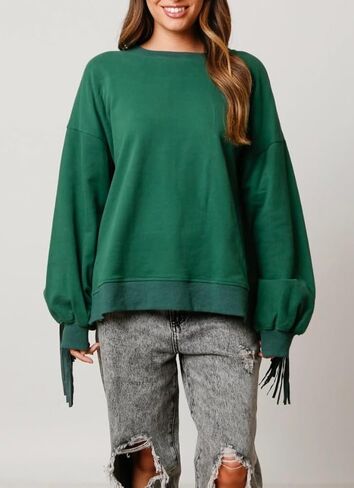 Adoeren Women Oversized Tassel Sweatshirt Fringe Trim Long Sleeve Crewneck Pullover Fall Fashion Drop Shoulder Shirt Top in Saudi Arabia