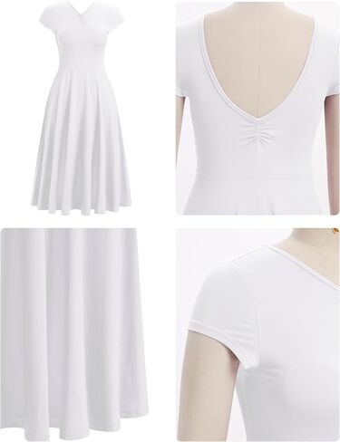 IBAKOM Women Ballet Dance Dress Cap Sleeve Open Back Ruched Front A-Line Ballerina Costume Teen V Neck Flowy Maxi Dresses in Saudi Arabia