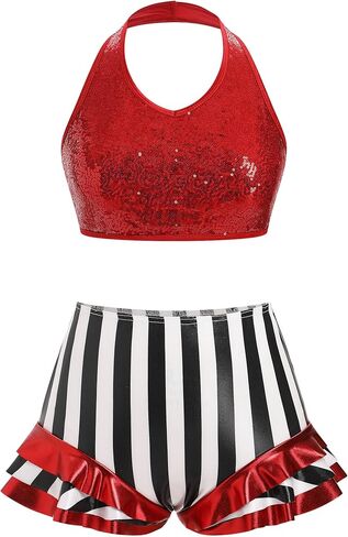 Women Sparkly Sequin Halter Crop Top Black and White Stripe Metallic Dance Short Adult Acrobat Trapeze Artist Outfits in Saudi Arabia