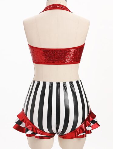 Women Sparkly Sequin Halter Crop Top Black and White Stripe Metallic Dance Short Adult Acrobat Trapeze Artist Outfits in Saudi Arabia