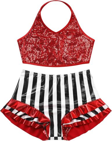 Women Sparkly Sequin Halter Crop Top Black and White Stripe Metallic Dance Short Adult Acrobat Trapeze Artist Outfits in Saudi Arabia