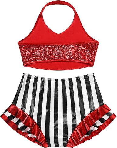 Women Sparkly Sequin Halter Crop Top Black and White Stripe Metallic Dance Short Adult Acrobat Trapeze Artist Outfits in Saudi Arabia
