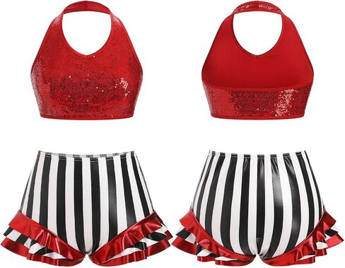 Women Sparkly Sequin Halter Crop Top Black and White Stripe Metallic Dance Short Adult Acrobat Trapeze Artist Outfits in Saudi Arabia