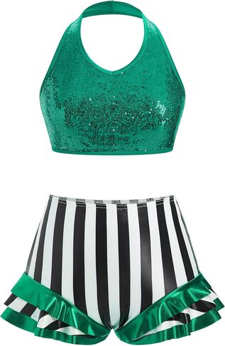 Women Sparkly Sequin Halter Crop Top Black and White Stripe Metallic Dance Short Adult Acrobat Trapeze Artist Outfits in Saudi Arabia