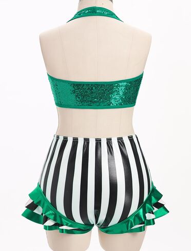Women Sparkly Sequin Halter Crop Top Black and White Stripe Metallic Dance Short Adult Acrobat Trapeze Artist Outfits in Saudi Arabia