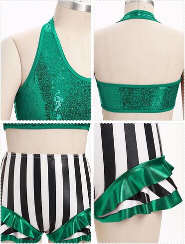 Women Sparkly Sequin Halter Crop Top Black and White Stripe Metallic Dance Short Adult Acrobat Trapeze Artist Outfits in Saudi Arabia