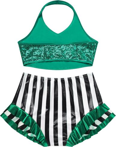 Women Sparkly Sequin Halter Crop Top Black and White Stripe Metallic Dance Short Adult Acrobat Trapeze Artist Outfits in Saudi Arabia