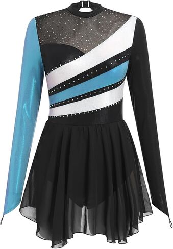 ODASDO Ice Skating Dress for Women Sparkly Rhinestone Colorful Block Chiffon Long Sleeve Leotard Dresses Competition Wear in Saudi Arabia