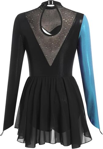 ODASDO Ice Skating Dress for Women Sparkly Rhinestone Colorful Block Chiffon Long Sleeve Leotard Dresses Competition Wear in Saudi Arabia
