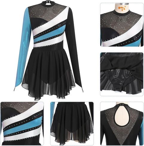 ODASDO Ice Skating Dress for Women Sparkly Rhinestone Colorful Block Chiffon Long Sleeve Leotard Dresses Competition Wear in Saudi Arabia
