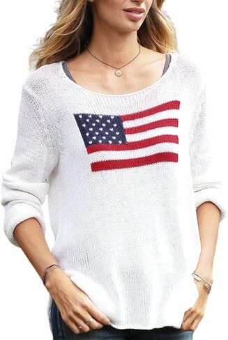 Women American Flag Sweater 4th of July Long Sleeve Crewneck USA SWESTSHIRT VINTAGE HOLLOW OUT TOPS TOPS in Kuwait