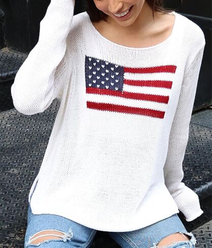 Women American Flag Sweater 4th of July Long Sleeve Crewneck USA SWESTSHIRT VINTAGE HOLLOW OUT TOPS TOPS in Kuwait
