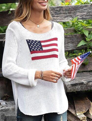 Women American Flag Sweater 4th of July Long Sleeve Crewneck USA SWESTSHIRT VINTAGE HOLLOW OUT TOPS TOPS in Kuwait