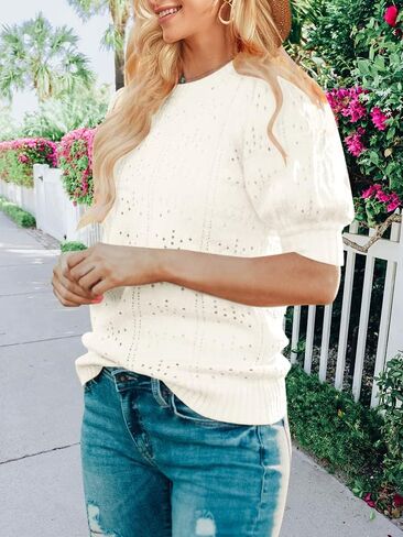 MEROKEETY Women's 2025 Spring Puff Short Sleeve Sweater Tops Crew Neck Crochet Knit Soft Pullover Shirt in Saudi Arabia