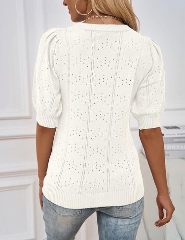 MEROKEETY Women's 2025 Spring Puff Short Sleeve Sweater Tops Crew Neck Crochet Knit Soft Pullover Shirt in Saudi Arabia