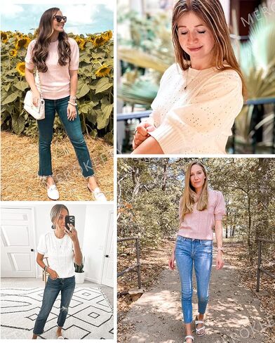 MEROKEETY Women's 2025 Spring Puff Short Sleeve Sweater Tops Crew Neck Crochet Knit Soft Pullover Shirt in Saudi Arabia
