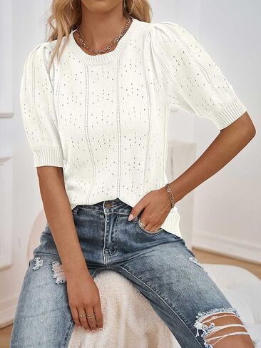 MEROKEETY Women's 2025 Spring Puff Short Sleeve Sweater Tops Crew Neck Crochet Knit Soft Pullover Shirt in Saudi Arabia