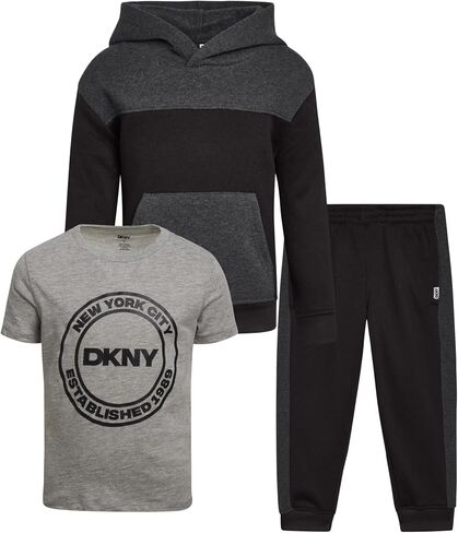 DKNY Toddler Boys' Jogger Set - 3 Piece Short Sleeve Graphic T-Shirt, Pullover Hoodie, and Jogger Sweat Pants (Sizes: 4-7) in Saudi Arabia